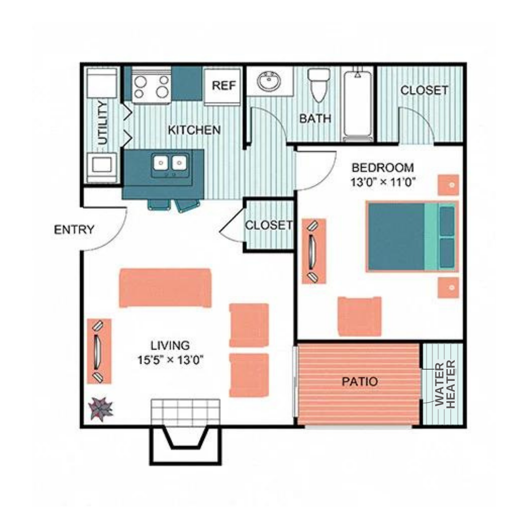 Floor plan for 1 bed, 1 bath, 558 sqft